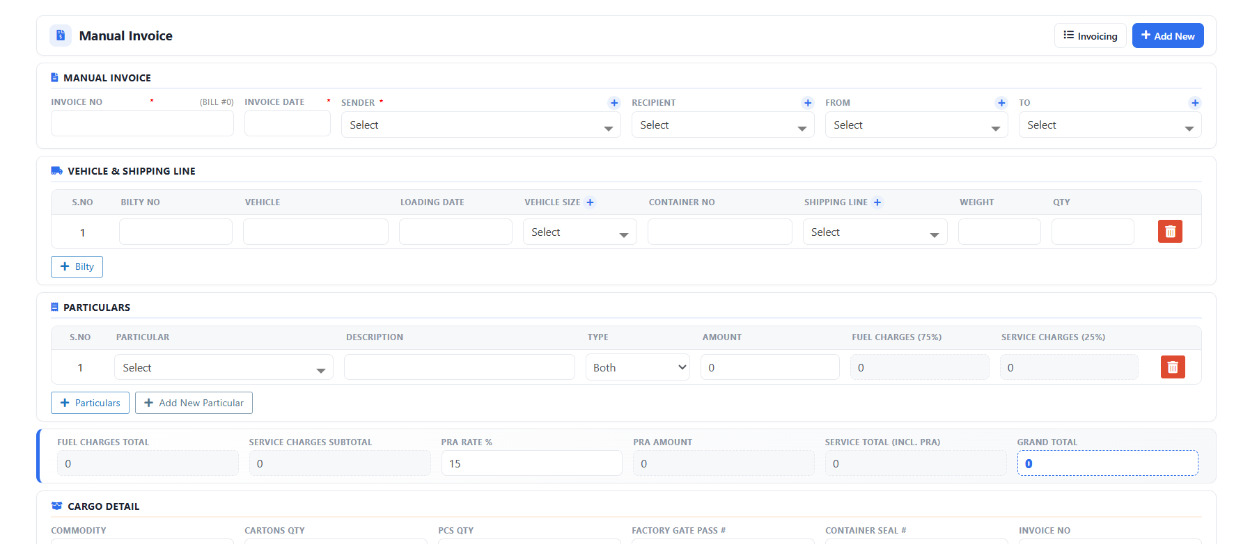 BiltyPro manual invoice with vehicle, particulars, and PRA rate