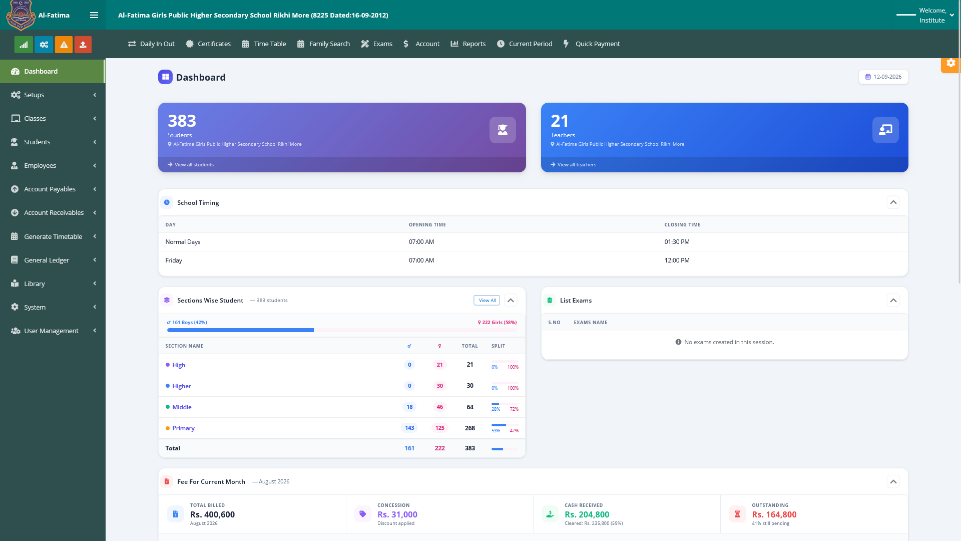 CampusPro dashboard — students, teachers, school timing, and fee collection