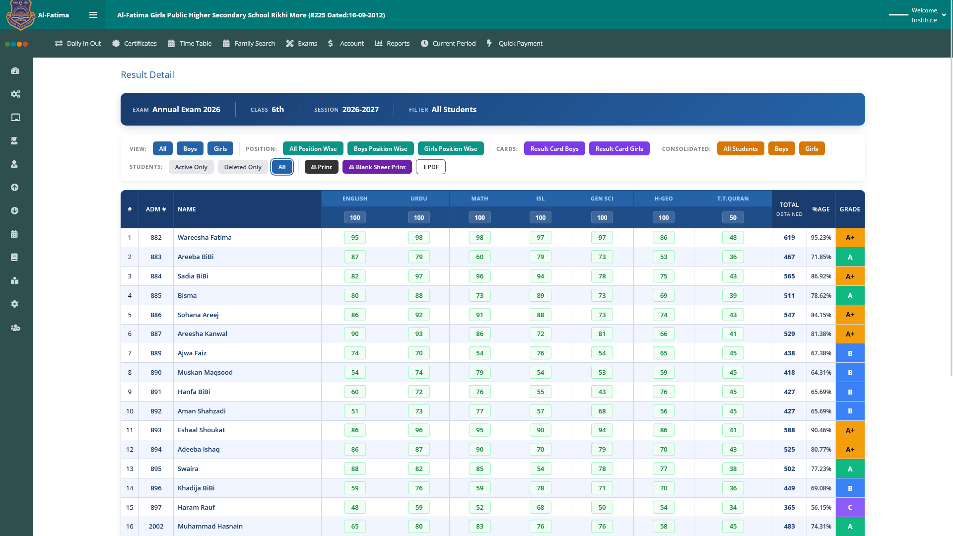 Exam result detail with subject-wise marks, percentage, and grade
