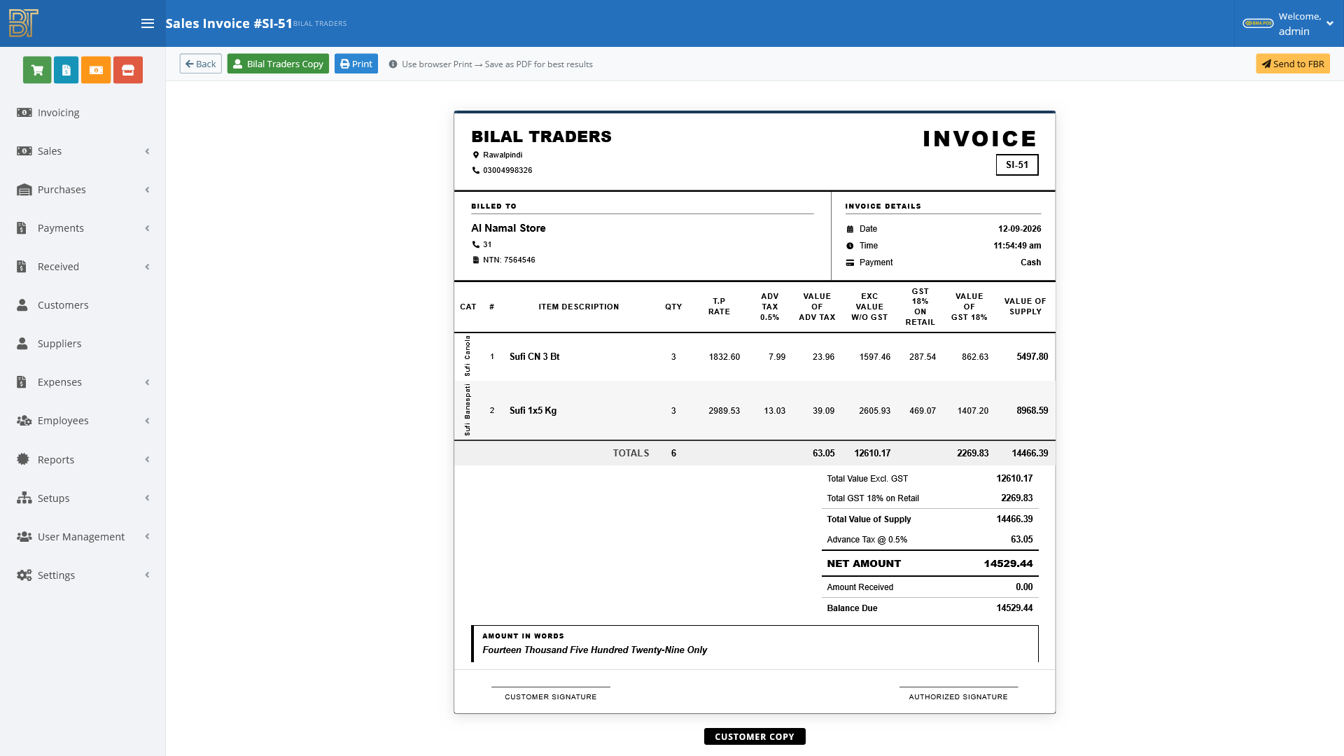 Sales invoice with item-wise GST and advance tax breakdown