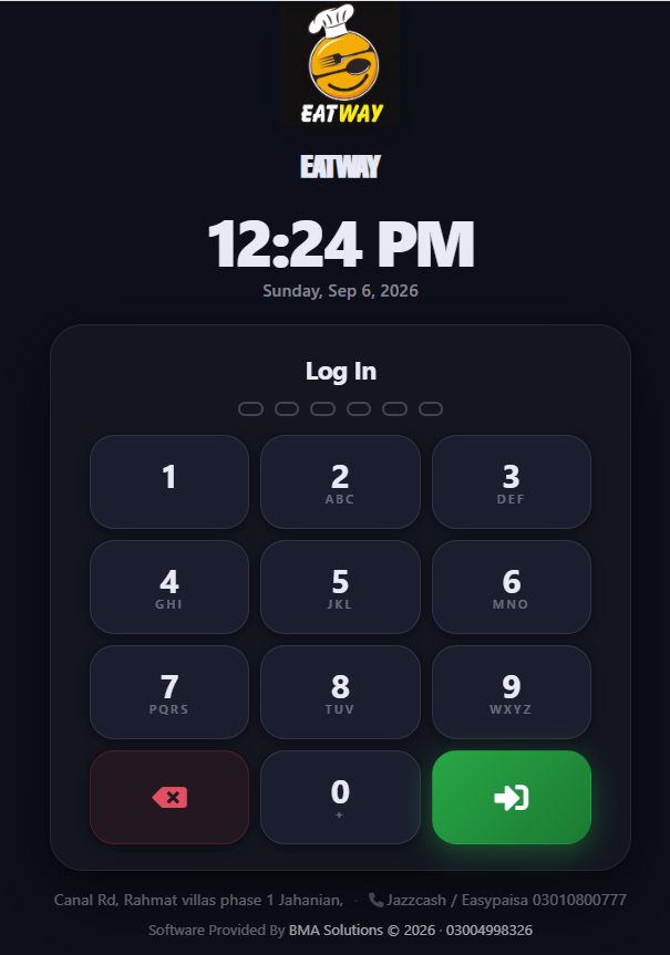 POS login screen, branded for a restaurant client