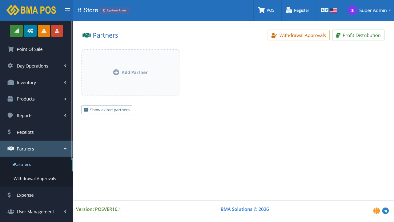 Partners module with profit distribution and withdrawal approvals