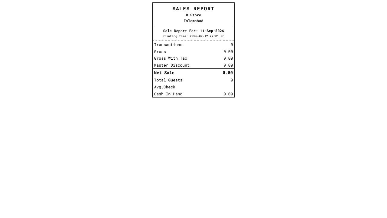 Printed sales report with transactions, gross, and net sale